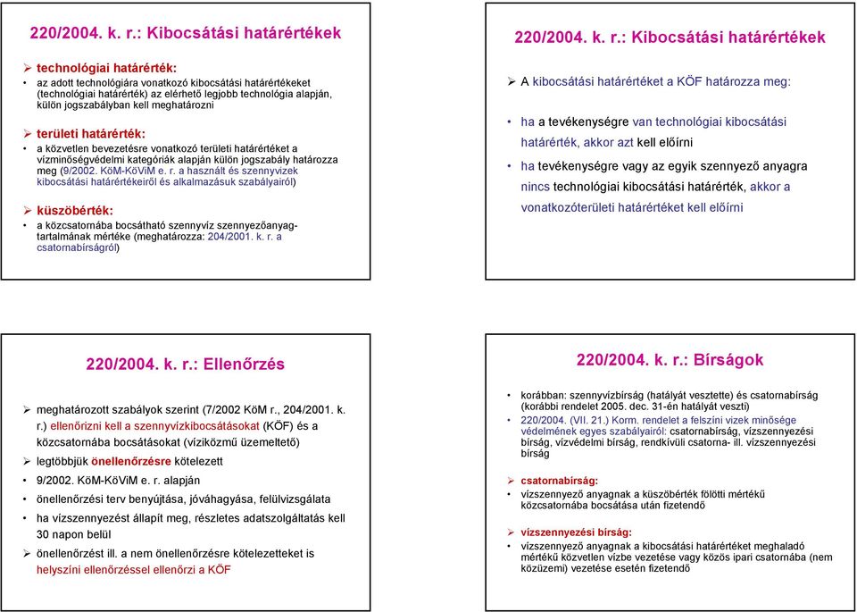 kell meghatározni területi határérték: a közvetlen bevezetésre vonatkozó területi határértéket a vízminőségvédelmi kategóriák alapján külön jogszabály határozza meg (9/2002. KöM-KöViM e. r.