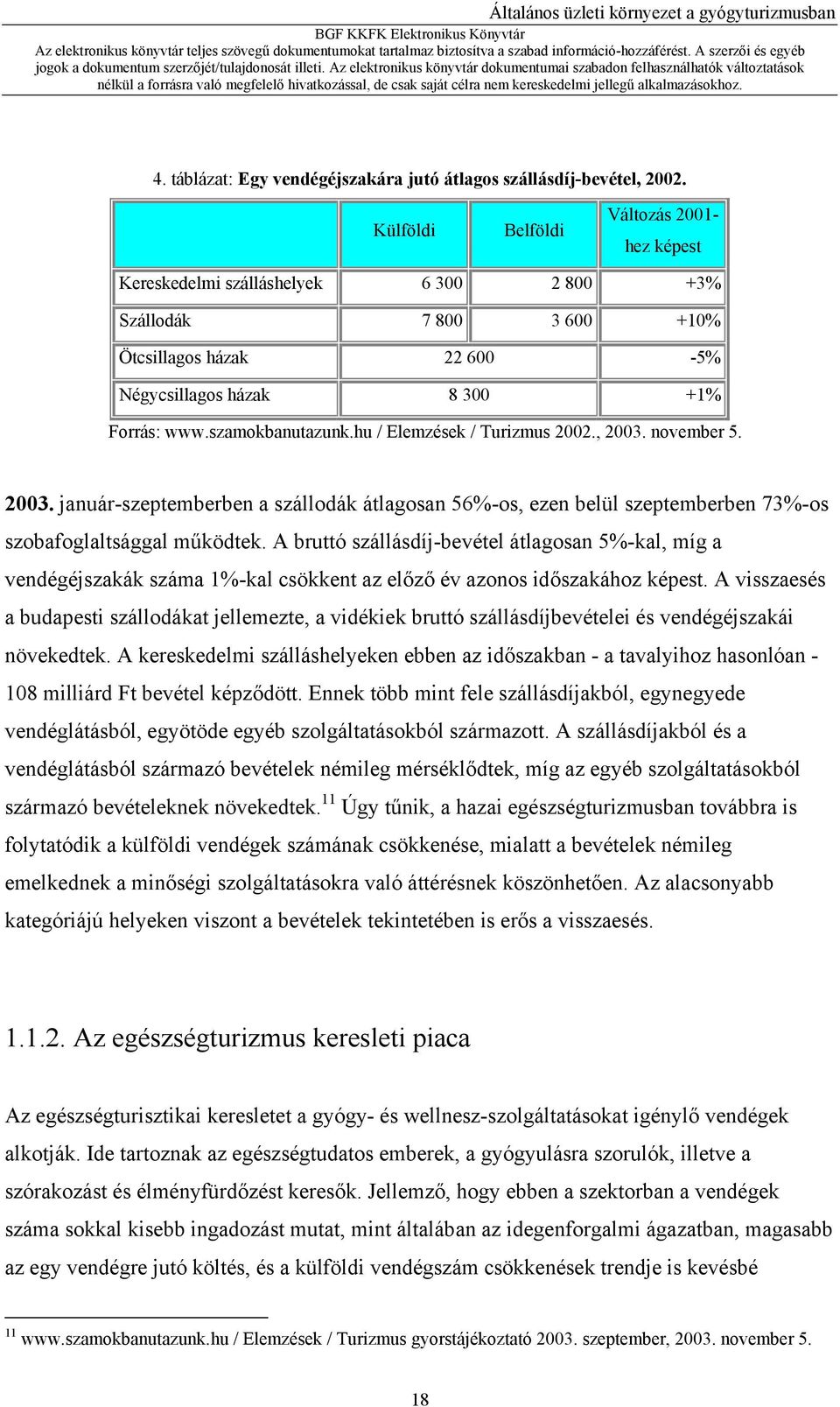 szamokbanutazunk.hu / Elemzések / Turizmus 2002., 2003. november 5. 2003. január-szeptemberben a szállodák átlagosan 56%-os, ezen belül szeptemberben 73%-os szobafoglaltsággal működtek.