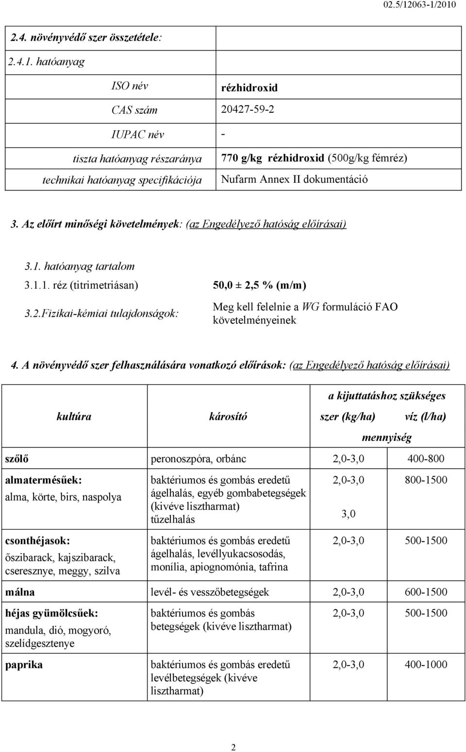 2010 2.4. növényvédő szer összetétele: 2.4.1. hatóanyag ISO név rézhidroxid CAS szám 20427-59-2 IUPAC név - tiszta hatóanyag részaránya technikai hatóanyag specifikációja 770 g/kg rézhidroxid (500g/kg fémréz) Nufarm Annex II dokumentáció 3.