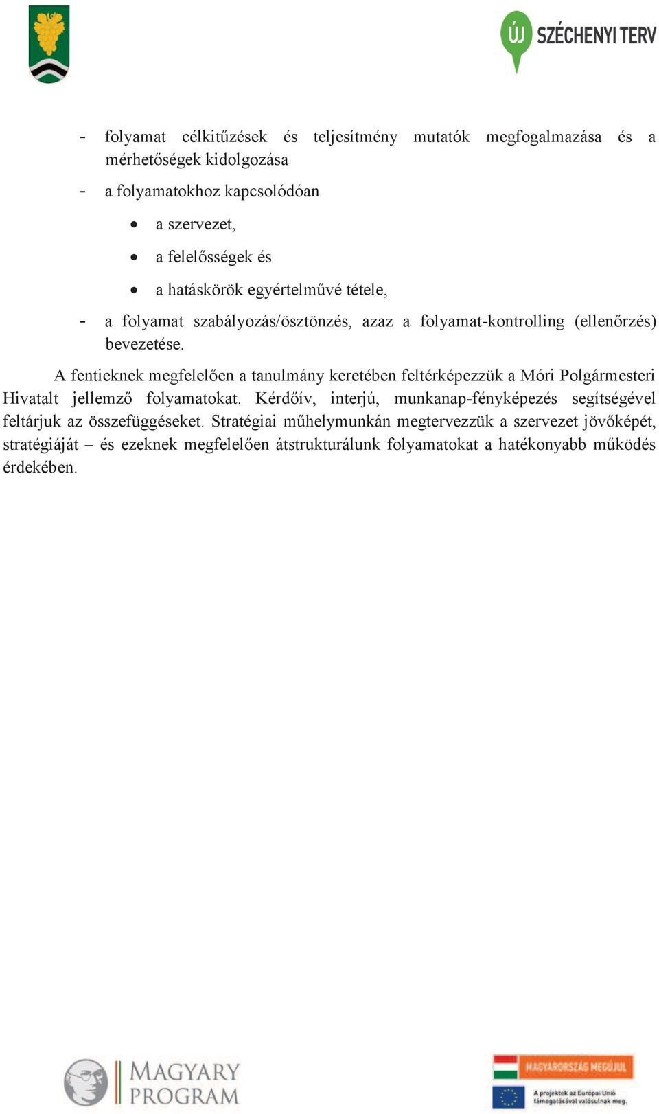 A fentieknek megfelelően a tanulmány keretében feltérképezzük a Móri Polgármesteri Hivatalt jellemző folyamatokat.