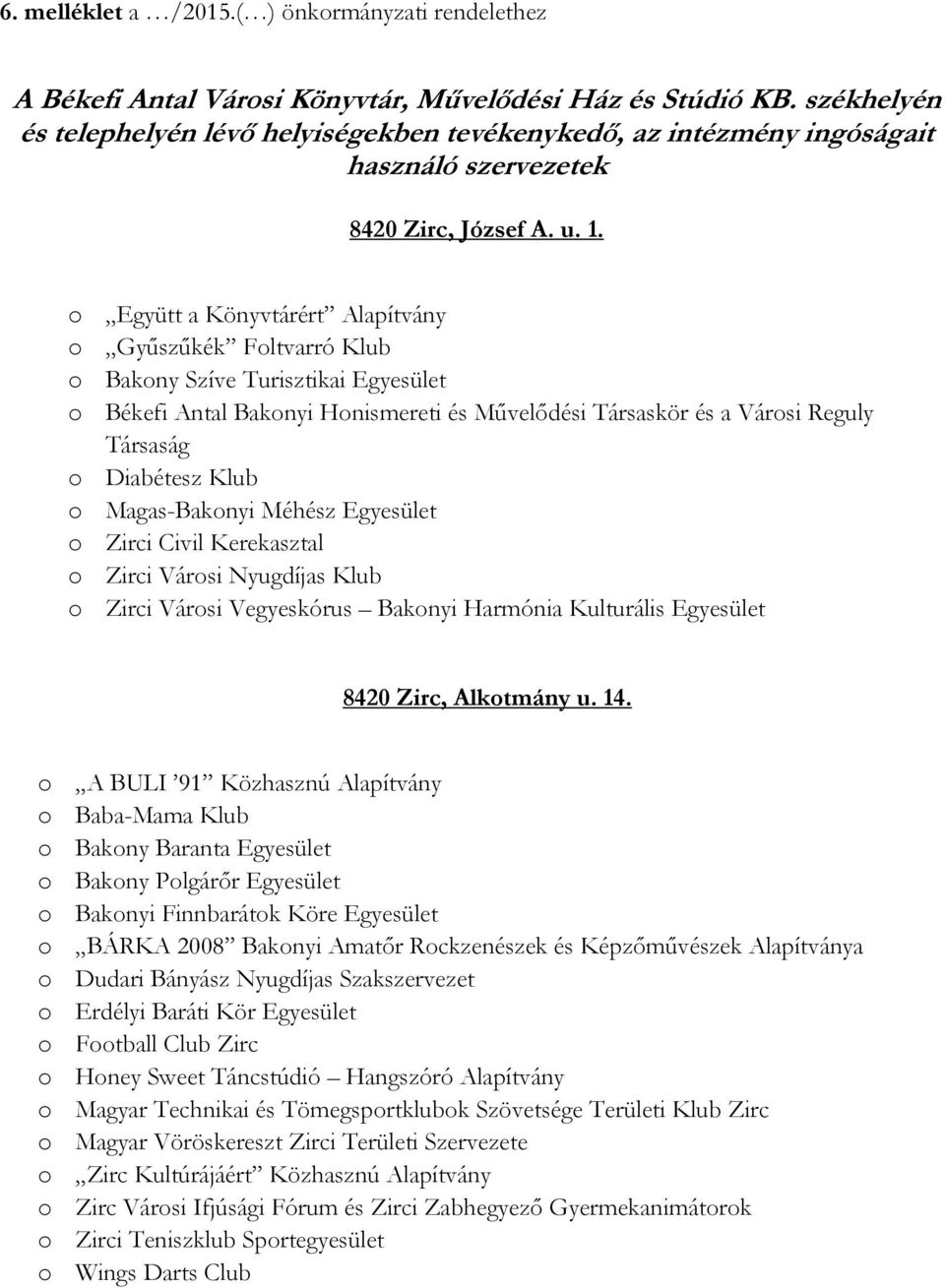 o Együtt a Könyvtárért Alapítvány o Gyűszűkék Foltvarró Klub o Bakony Szíve Turisztikai Egyesület o Békefi Antal Bakonyi Honismereti és Művelődési Társaskör és a Városi Reguly Társaság o Diabétesz