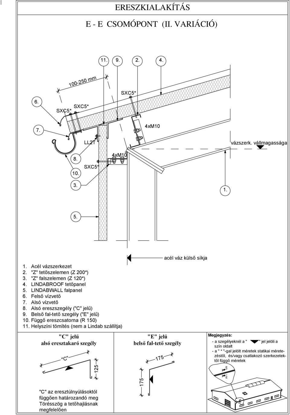 Acél vázszerkezet "Z" tetőszelemen (Z 200*) "Z" falszelemen (Z 120*) INDABROOF tetőpanel INDABWA falpanel Felső vízvető Alsó vízvető 8.