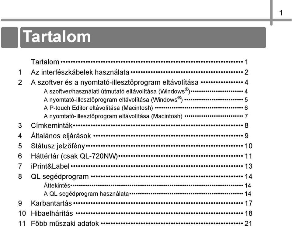 nyomtató-illesztőprogram eltávolítása (Macintosh) 7 3 Címkeminták 8 4 Általános eljárások 9 5 Státusz jelzőfény 10 6 Háttértár (csak