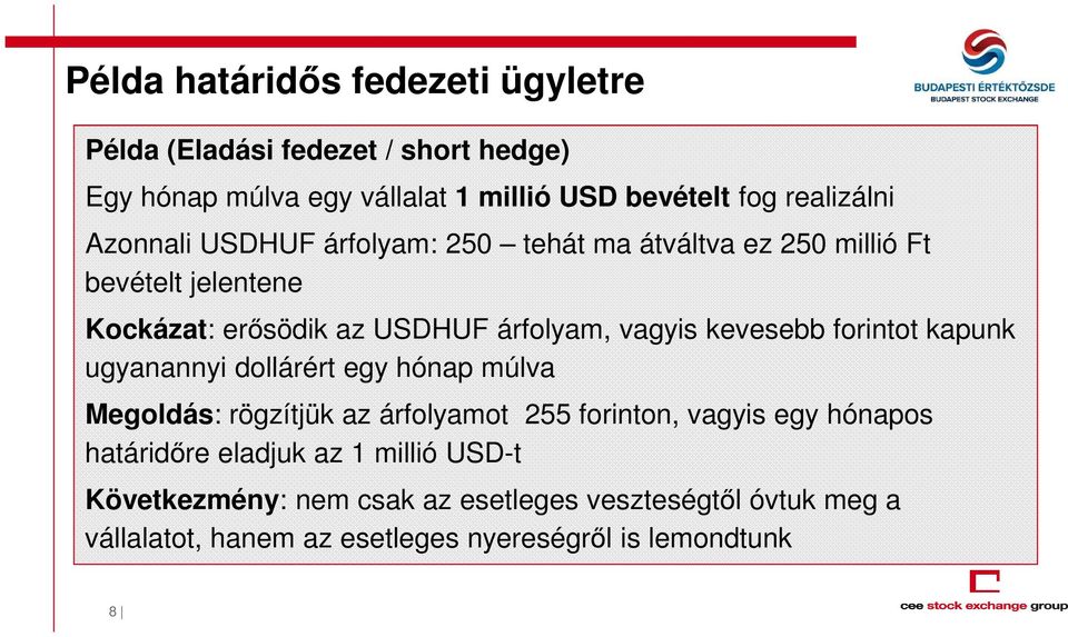 forintot kapunk ugyanannyi dollárért egy hónap múlva Megoldás: rögzítjük az árfolyamot 255 forinton, vagyis egy hónapos határidőre eladjuk