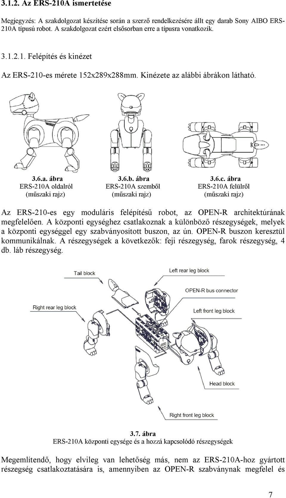 ábra ERS-210A oldalról ERS-210A szemből ERS-210A felülről (műszaki rajz) (műszaki rajz) (műszaki rajz) Az ERS-210-es egy moduláris felépítésű robot, az OPEN-R architektúrának megfelelően.