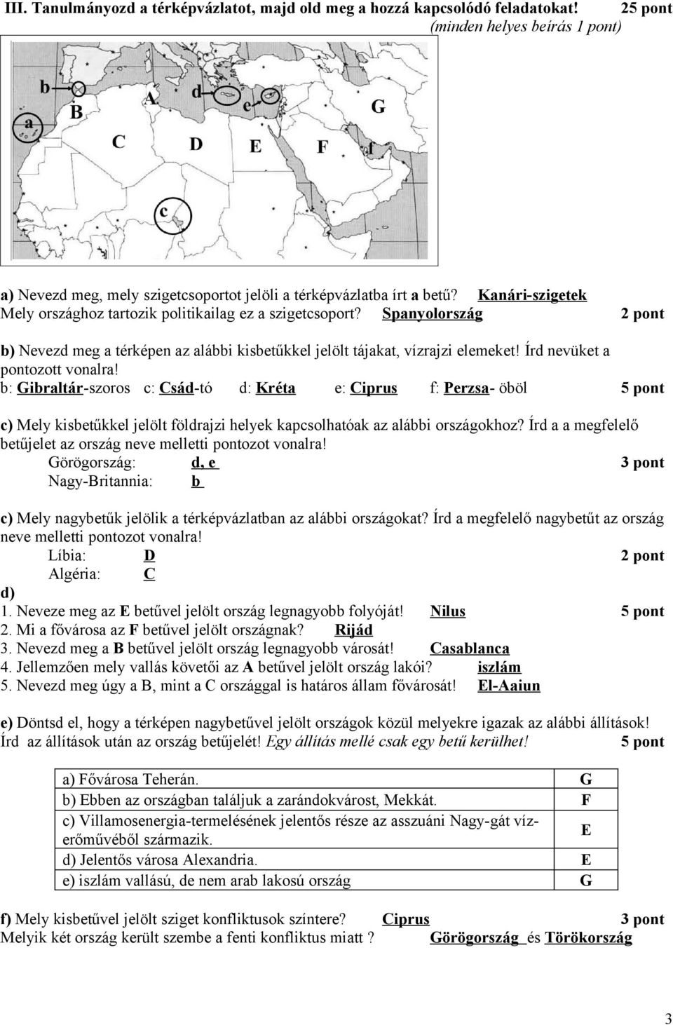 Írd nevüket a pontozott vonalra! b: Gibraltár-szoros c: Csád-tó d: Kréta e: Ciprus f: Perzsa- öböl 5 pont c) Mely kisbetűkkel jelölt földrajzi helyek kapcsolhatóak az alábbi országokhoz?