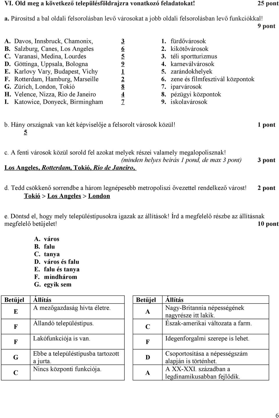 Zürich, London, Tokió 8 H. Velence, Nizza, Rio de Janeiro 4 I. Katowice, Donyeck, Birmingham 7 1. fürdővárosok 2. kikötővárosok 3. téli sportturizmus 4. karneválvárosok 5. zarándokhelyek 6.