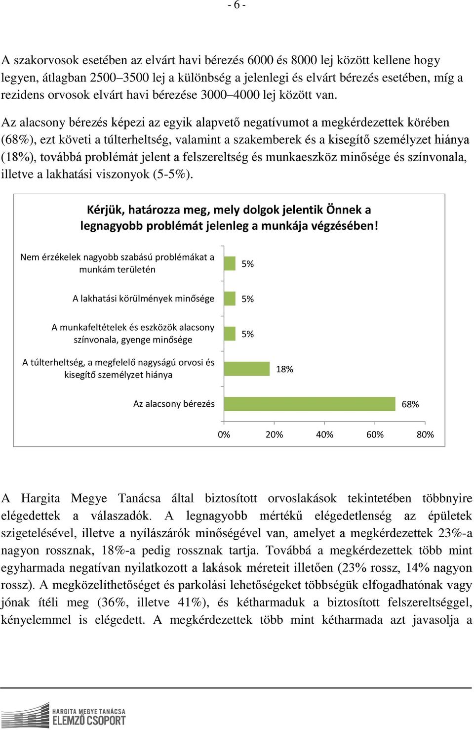 Az alacsony bérezés képezi az egyik alapvető negatívumot a megkérdezettek körében (68%), ezt követi a túlterheltség, valamint a szakemberek és a kisegítő személyzet hiánya (18%), továbbá problémát