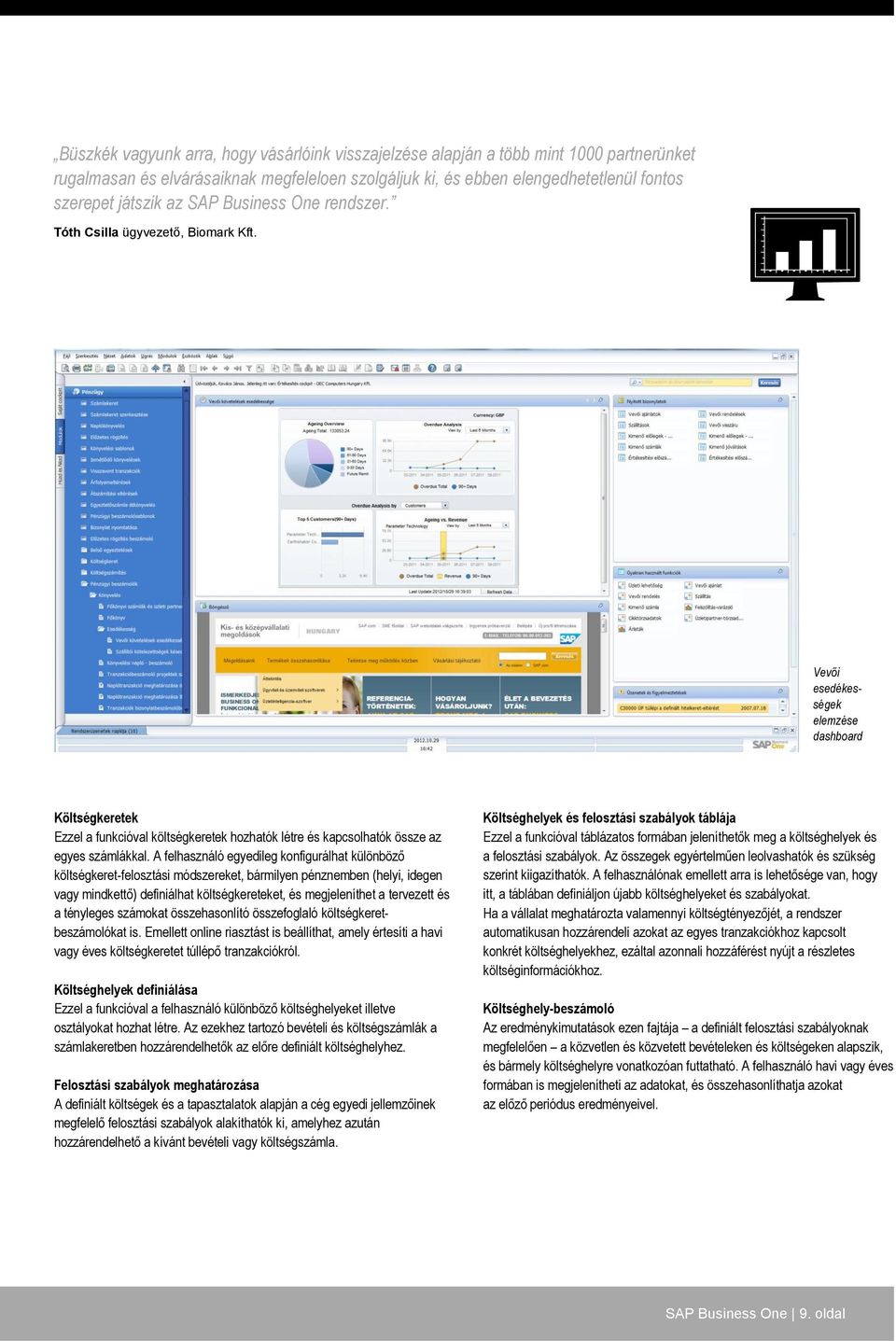 Vevői esedékességek elemzése dashboard Költségkeretek Ezzel a funkcióval költségkeretek hozhatók létre és kapcsolhatók össze az egyes számlákkal.