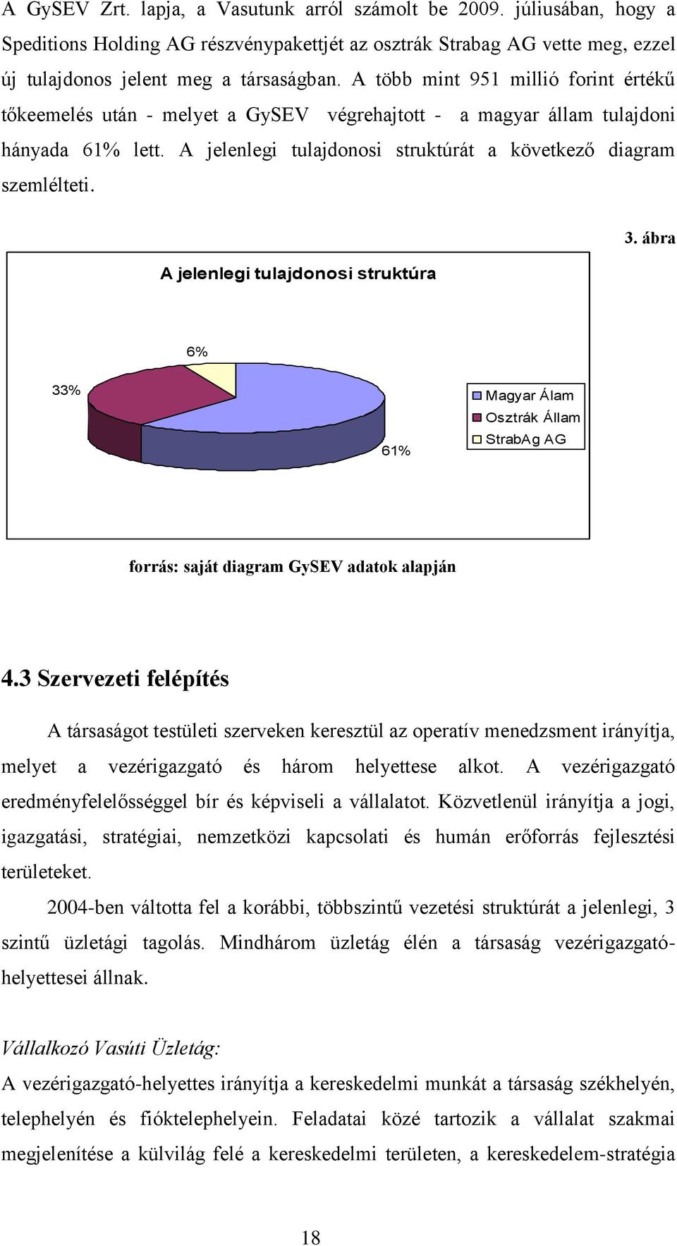 A jelenlegi tulajdonosi struktúra 3. ábra 6% 33% 61% Magyar Álam Osztrák Állam StrabAg AG forrás: saját diagram GySEV adatok alapján 4.