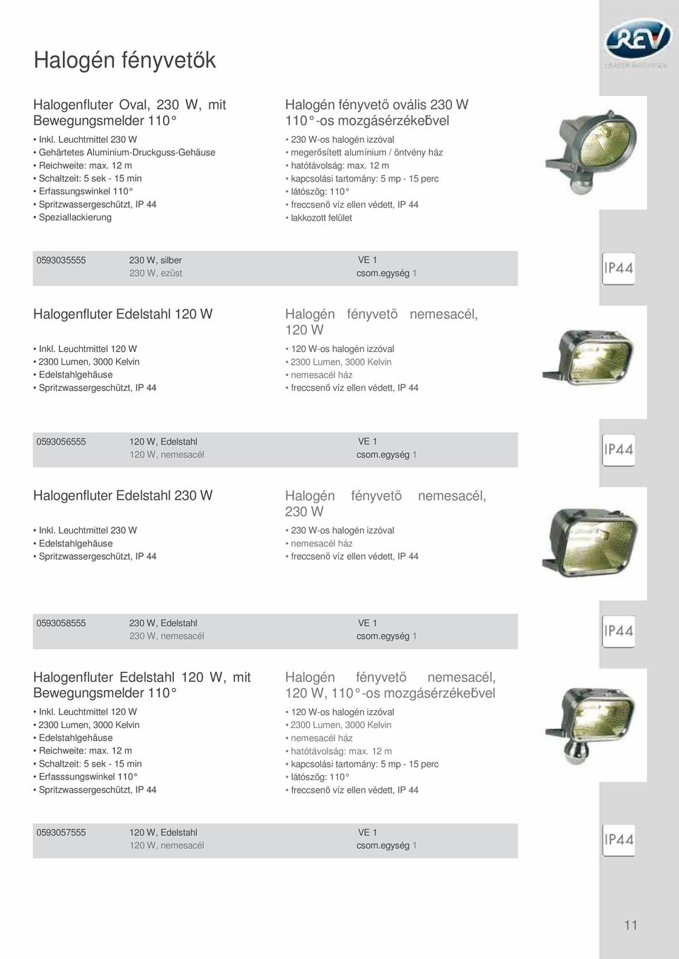 hatótávolság: max. 12 m kapcsolási tartomány: 5 mp - 15 perc látószög: 110 lakkozott felület 0593035555 230 W, silber 230 W, ezüst csom.egység 1 Halogenfluter Edelstahl 120 W Inkl.