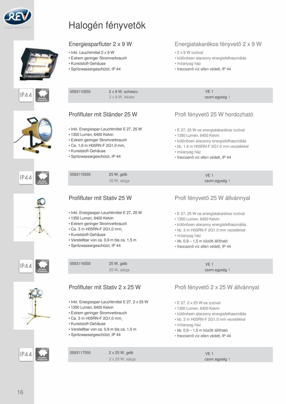 2 x 9 W, fekete csom.egység 1 Profifluter mit Ständer 25 W Profi fényvető 25 W hordozható Inkl. Energiespar-Leuchtmittel E 27, 25 W 1350 Lumen, 6400 Kelvin Extrem geringer Stromverbrauch Ca.