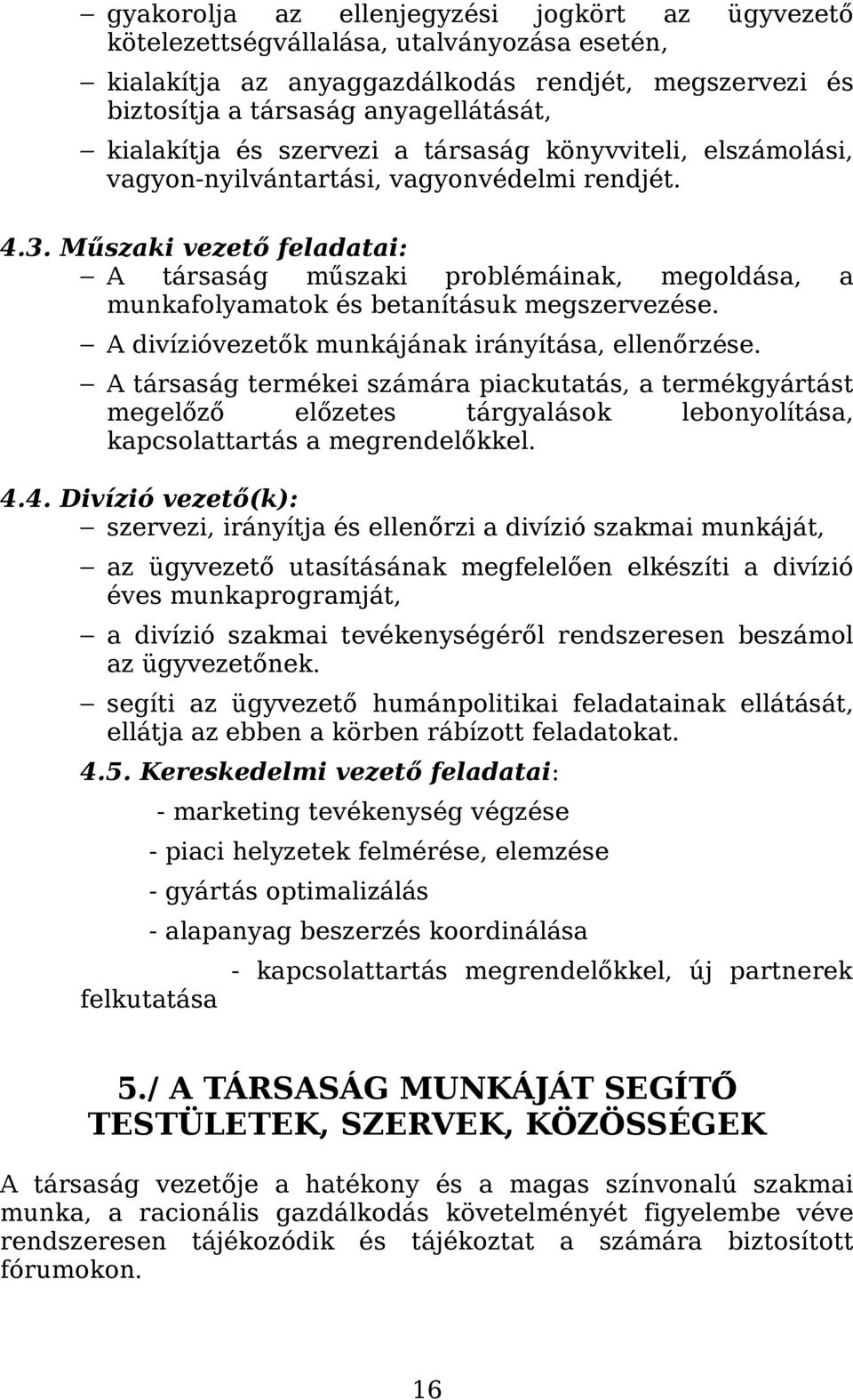 Műszaki vezető feladatai: A társaság műszaki problémáinak, megoldása, a munkafolyamatok és betanításuk megszervezése. A divízióvezetők munkájának irányítása, ellenőrzése.