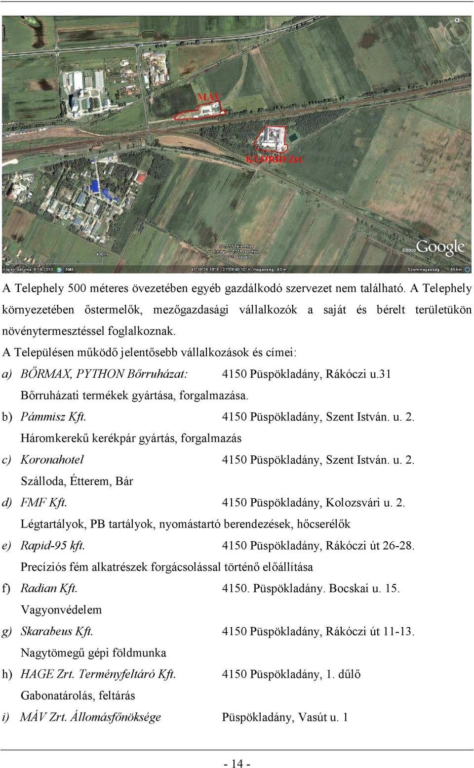 A Településen működő jelentősebb vállalkozások és címei: a) BŐRMAX, PYTHON Bőrruházat: 4150 Püspökladány, Rákóczi u.31 Bőrruházati termékek gyártása, forgalmazása. b) Pámmisz Kft.