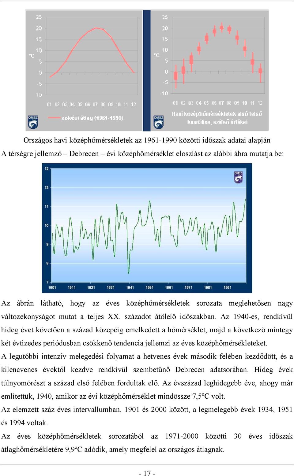 Az 1940-es, rendkívül hideg évet követően a század közepéig emelkedett a hőmérséklet, majd a következő mintegy két évtizedes periódusban csökkenő tendencia jellemzi az éves középhőmérsékleteket.