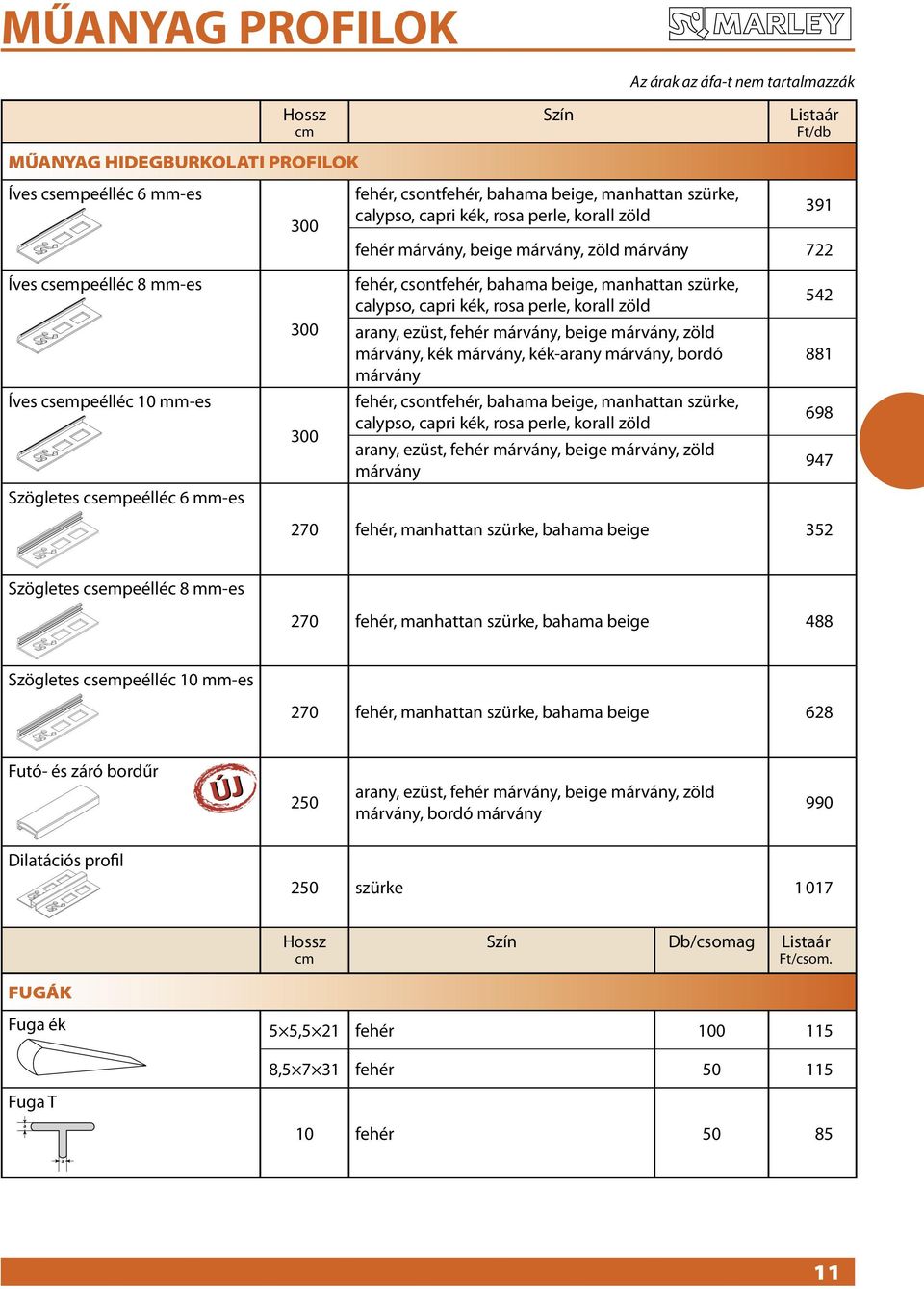 márvány, zöld márvány, kék márvány, kék-arany márvány, bordó márvány 542 881 Íves csempeélléc 10 mm-es 300 fehér, csontfehér, bahama beige, manhattan szürke, calypso, capri kék, rosa perle, korall