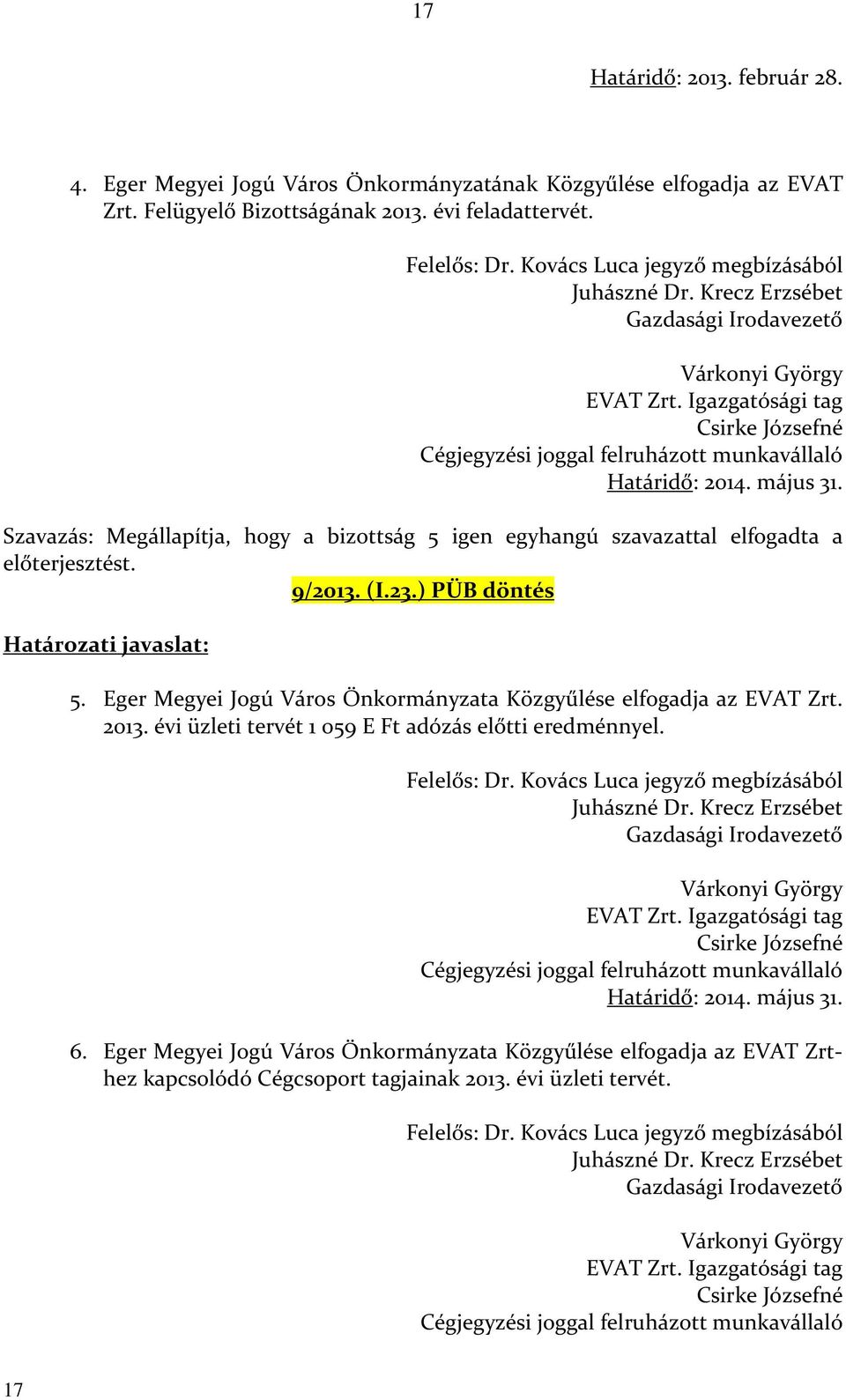 május 31. Szavazás: Megállapítja, hogy a bizottság 5 igen egyhangú szavazattal elfogadta a előterjesztést. 9/2013. (I.23.) PÜB döntés Határozati javaslat: 5.