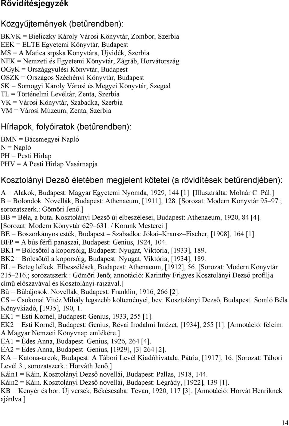 Történelmi Levéltár, Zenta, Szerbia VK = Városi Könyvtár, Szabadka, Szerbia VM = Városi Múzeum, Zenta, Szerbia Hírlapok, folyóiratok (betűrendben): BMN = Bácsmegyei Napló N = Napló PH = Pesti Hírlap