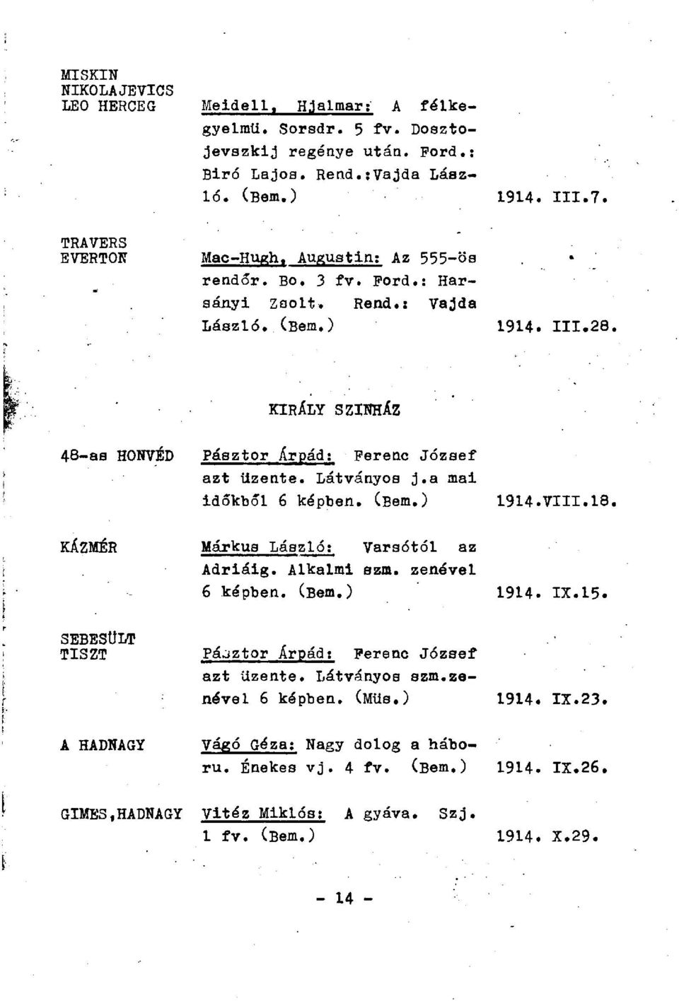 28, KIRÁLY SZÍNHÁZ 48-as HONVÉD Pásztor Árpád: Ferenc József azt üzente. Látványos j.a mai időkből 6 képben. 1914.VIII.18. KÁZMÉR Márkus László: Varsótól az Adriáig. Alkalmi szm.