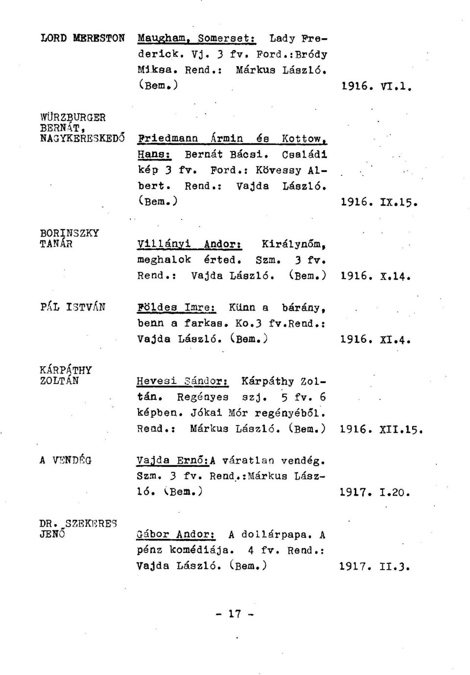 PÁL ISTVÁN Földes Imre: Künn a bárány, benn a farkas. Ko.3 fv.rend.: Vajda László. 1916. XI.4. KÁRPÁTHY ZOLTÁN Heve3i Sándor: Kárpáthy Zoltán. Regényes szj. 5 fv. 6 képben. Jókai Mór regényéből.