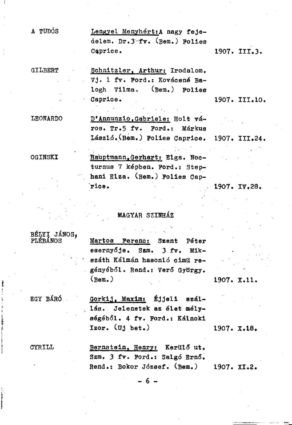 28. MAGYAR SZÍNHÁZ BÉLYI JÁNOS. PLÉBÁNOS MartOB Ferenc: Szent Péter esernyője. Szm. 3 fv. Mikszáth Kálmán hasonló cimü re gényéből. Rend.: Verő György. 1907. X.ll. EGY BÁRÓ Gorkij.