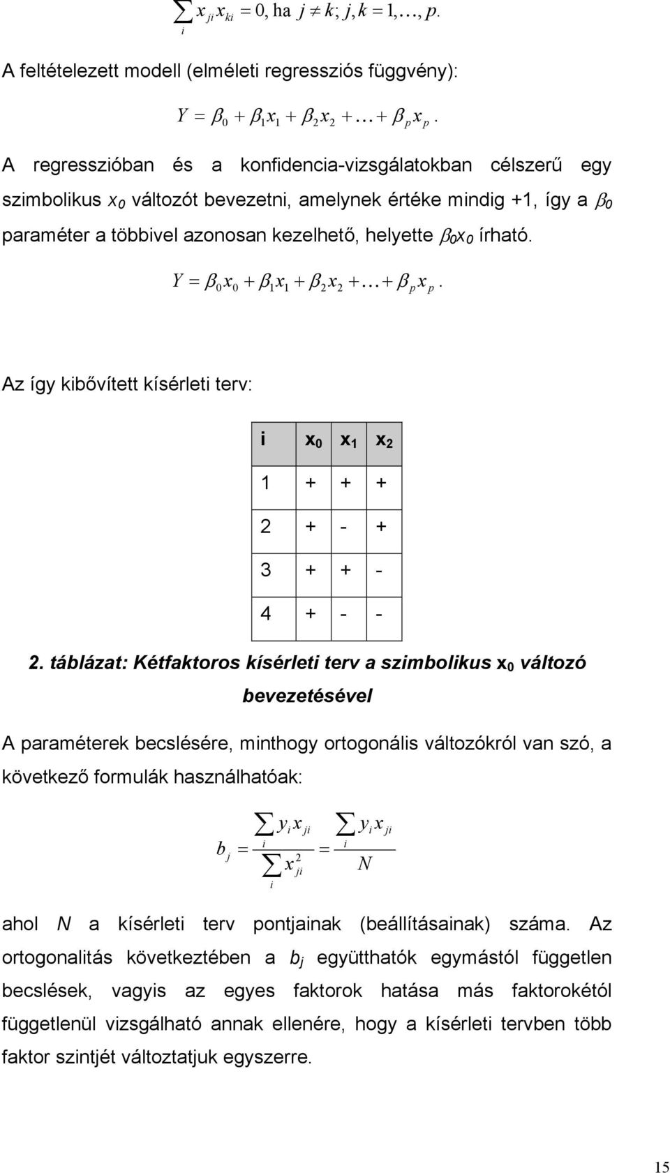 Y = β x + x + x + K+ 0 0 β1 1 β 2 2 β p x p. Az így kbővített kísérlet terv: x 0 x 1 x 2 1 + + + 2 + - + 3 + + - 4 + - - 2.