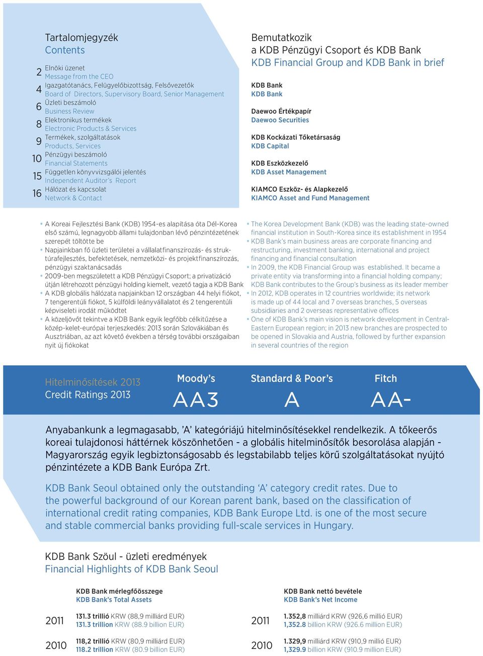 Independent Auditor s Report Hálózat és kapcsolat Network & Contact Bemutatkozik a KDB Pénzügyi Csoport és KDB Bank KDB Financial Group and KDB Bank in brief KDB Bank KDB Bank Daewoo Értékpapír