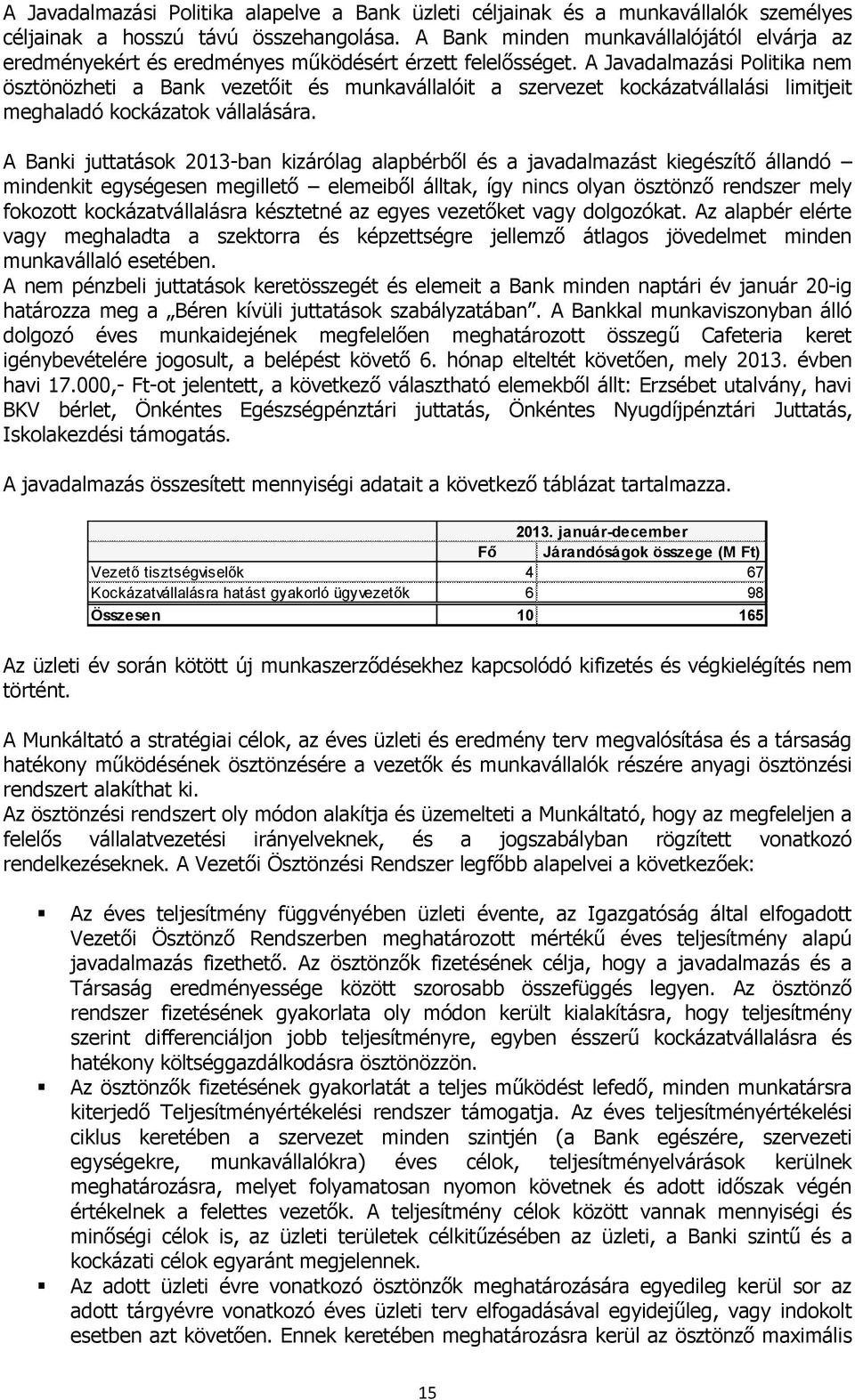 A Javadalmazási Politika nem ösztönözheti a Bank vezetőit és munkavállalóit a szervezet kockázatvállalási limitjeit meghaladó kockázatok vállalására.