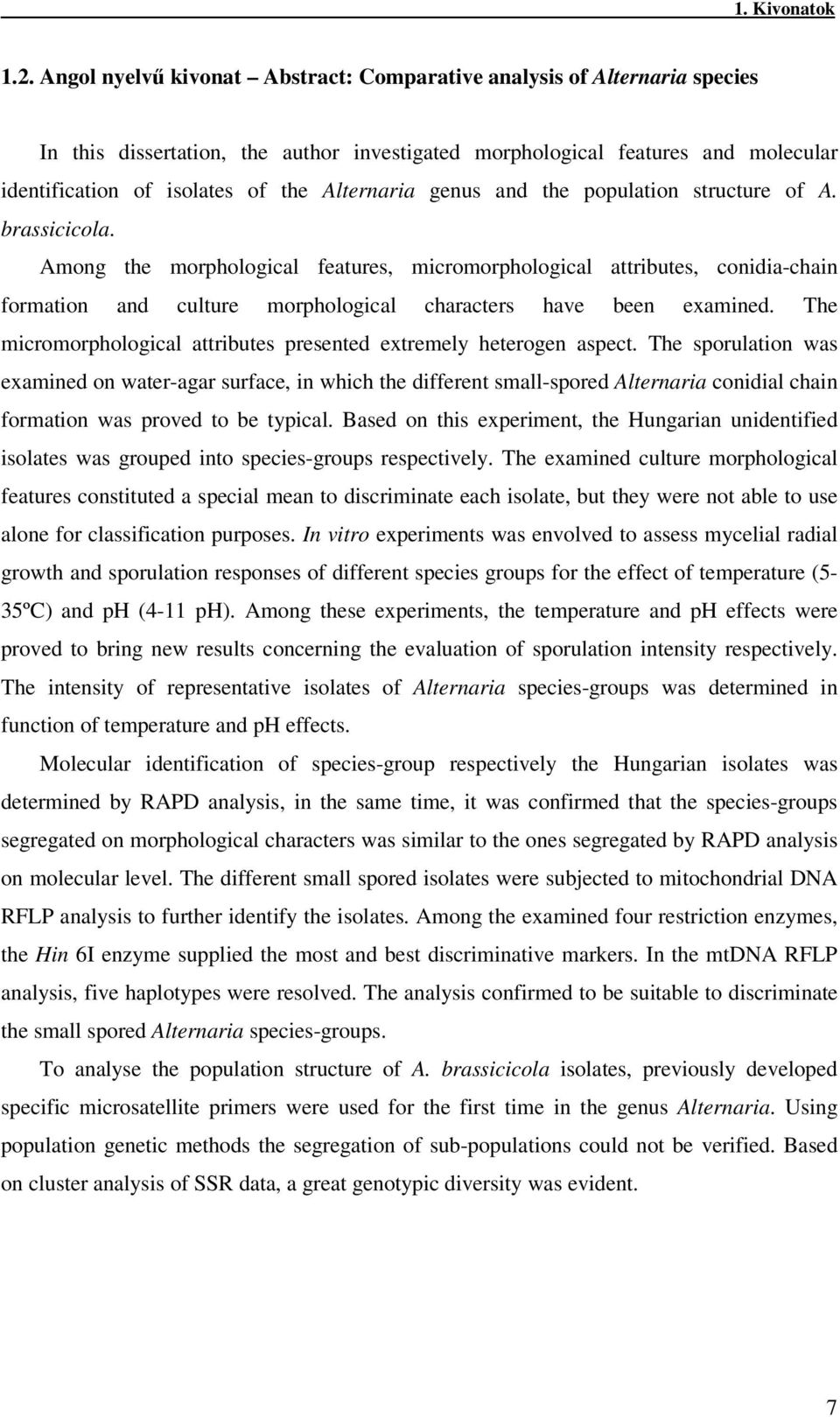 Alternaria genus and the population structure of A. brassicicola.