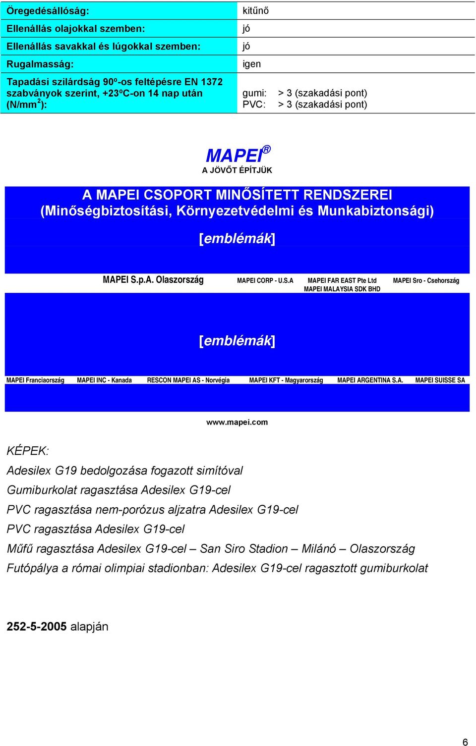 MAPEI S.p.A. Olaszország MAPEI CORP - U.S.A MAPEI FAR EAST Pte Ltd MAPEI Sro - Csehország MAPEI MALAYSIA SDK BHD [emblémák] MAPEI Franciaország MAPEI INC - Kanada RESCON MAPEI AS - Norvégia MAPEI KFT - Magyarország MAPEI ARGENTINA S.