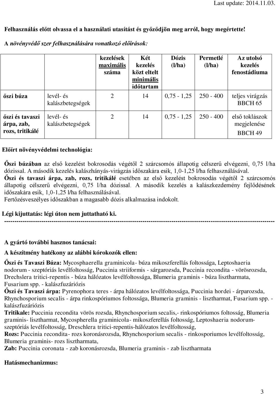 közt eltelt minimális időtartam Dózis (l/ha) Permetlé (l/ha) Az utolsó kezelés fenostádiuma 2 14 0,75-1,25 250-400 teljes virágzás BBCH 65 2 14 0,75-1,25 250-400 első toklászok megjelenése BBCH 49