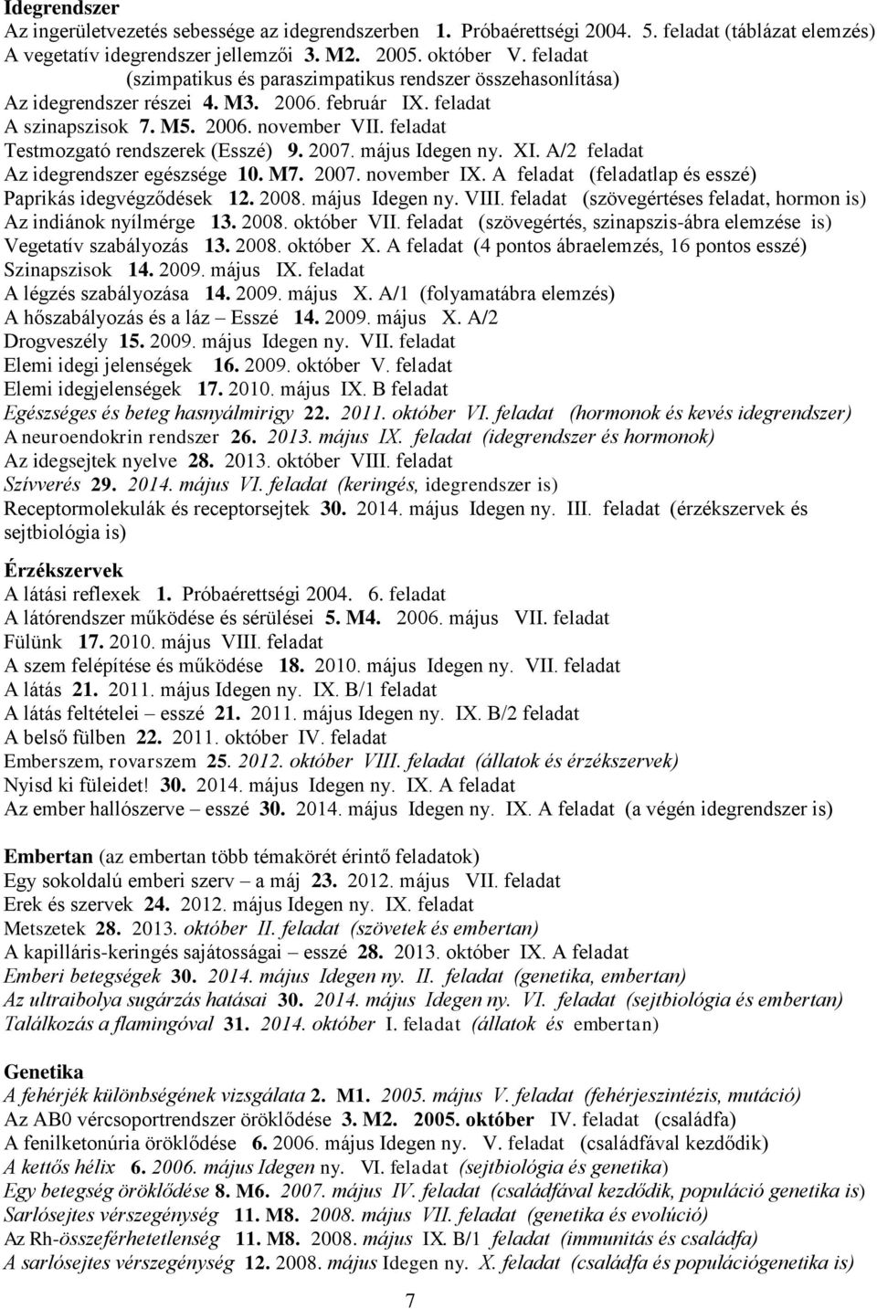 feladat Testmozgató rendszerek (Esszé) 9. 2007. május Idegen ny. XI. A/2 feladat Az idegrendszer egészsége 10. M7. 2007. november IX. A feladat (feladatlap és esszé) Paprikás idegvégződések 12. 2008.