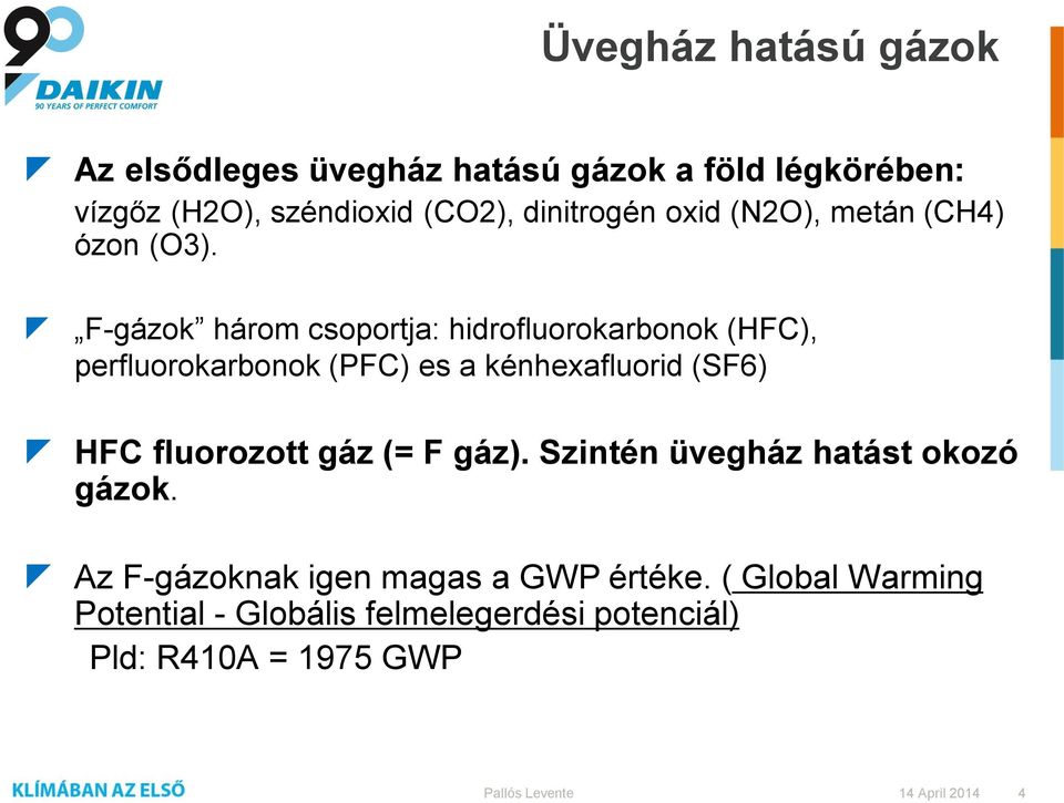 F-gázok három csoportja: hidrofluorokarbonok (HFC), perfluorokarbonok (PFC) es a kénhexafluorid (SF6) HFC