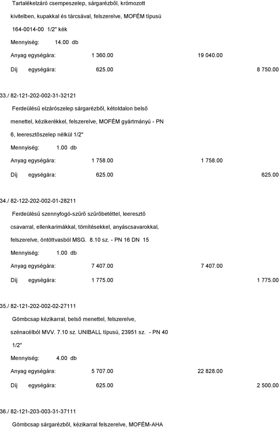 / 82-121-202-002-31-32121 Ferdeülésű elzárószelep sárgarézből, kétoldalon belső menettel, kézikerékkel, felszerelve, MOFÉM gyártmányú - PN 6, leeresztőszelep nélkül 1/2" Anyag egységára: 1 758.