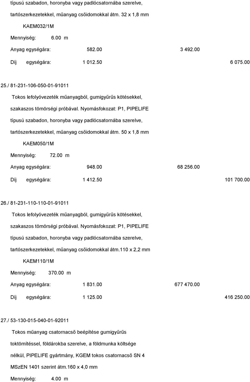 Nyomásfokozat: P1, PIPELIFE típusú szabadon, horonyba vagy padlócsatornába szerelve, tartószerkezetekkel, műanyag csőidomokkal átm. 50 x 1,8 mm KAEM050/1M 72.00 m Anyag egységára: 948.00 68 256.