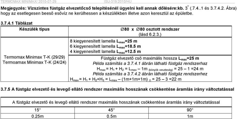 1 Táblázat Készülék típus Termomax Minimax T-K (29/29) Termoamax Minimax T-K (24/24) 8 kiegyenesített lamella L max =25 m 6 kiegyenesített lamella L max =18.5 m 4 kiegyenesített lamella L max =12.