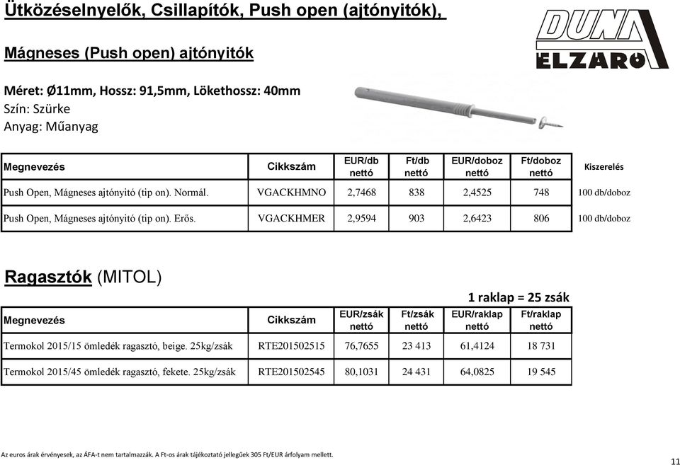 VGACKHMER 2,9594 903 2,6423 806 100 db/doboz Ragasztók (MITOL) 1 raklap = 25 zsák EUR/zsák Ft/zsák EUR/raklap Ft/raklap Termokol 2015/15 ömledék