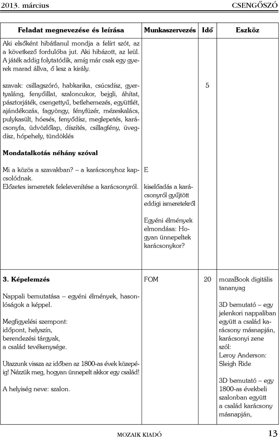 szavak: csillagszóró, habkarika, csúcsdísz, gyertyaláng, fenyõillat, szaloncukor, bejgli, áhítat, pásztorjáték, csengettyû, betlehemezés, együttlét, ajándékozás, fagyöngy, fényfüzér, mézeskalács,