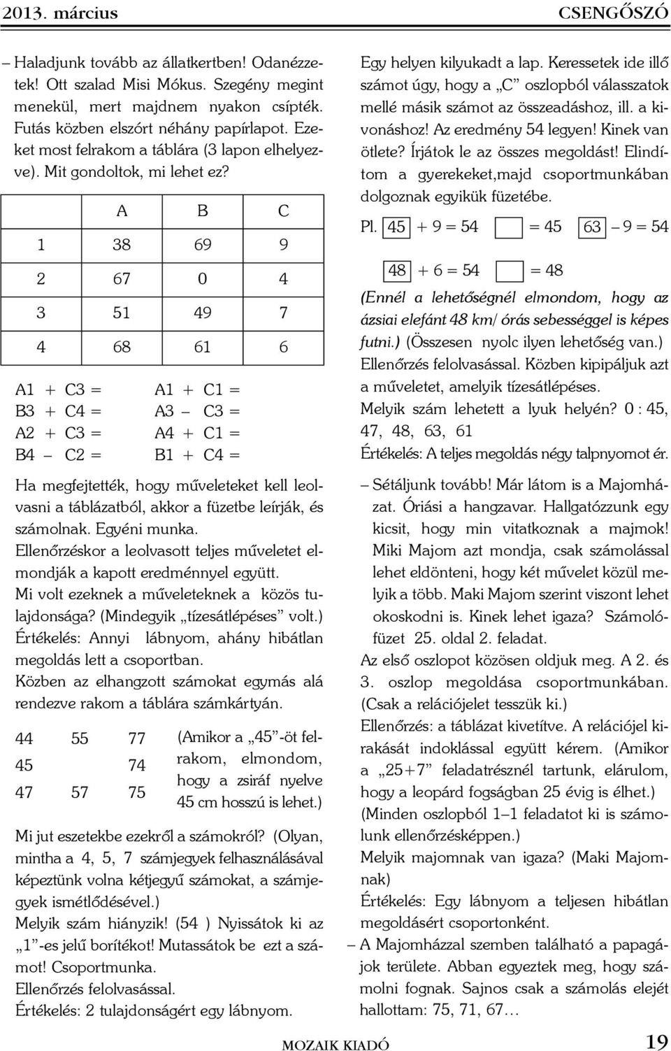 A1 + C3 = A1 + C1 = B3 + C4 = A3 C3 = A2 + C3 = A4 + C1 = B4 C2 = B1 + C4 = Ha megfejtették, hogy mûveleteket kell leolvasni a táblázatból, akkor a füzetbe leírják, és számolnak. Egyéni munka.