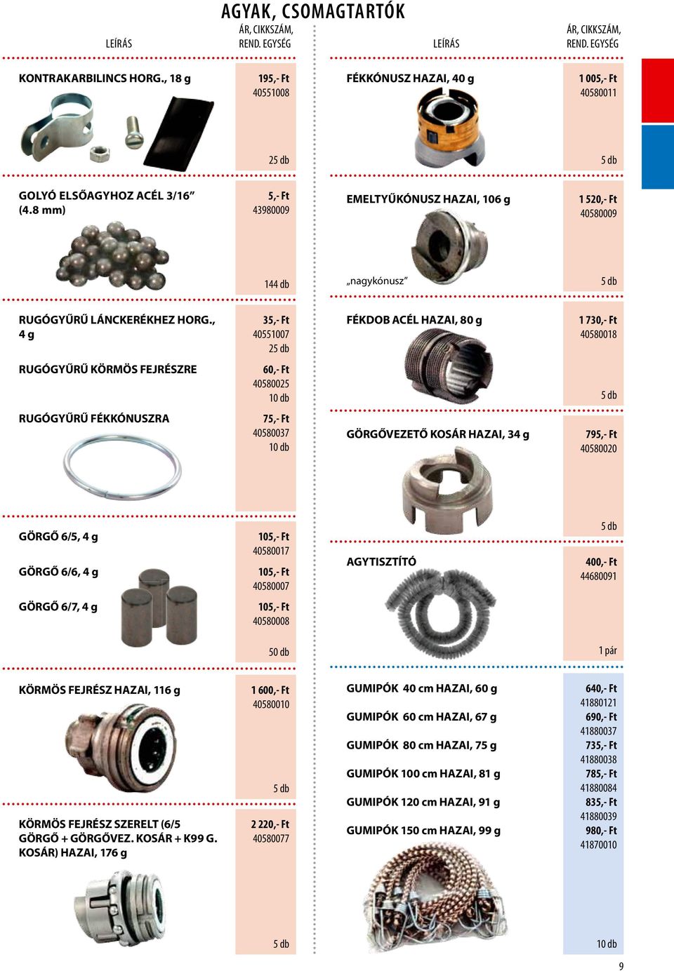 , 4 g 35,- Ft 40551007 25 db FÉKDOB ACÉL HAZAI, 80 g 1 730,- Ft 40580018 RUGÓGYŰRŰ KÖRMÖS FEJRÉSZRE 60,- Ft 40580025 10 db 5 db RUGÓGYŰRŰ FÉKKÓNUSZRA 75,- Ft 40580037 10 db GÖRGŐVEZETŐ KOSÁR HAZAI,