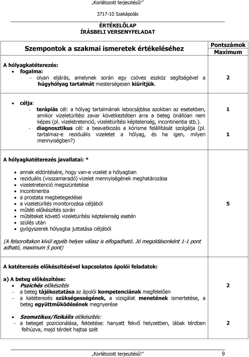 Pontszámok Maximum célja: - terápiás cél: a hólyag tartalmának lebocsájtása azokban az esetekben, amikor vizeletürítési zavar következtében arra a beteg önállóan nem képes (pl.