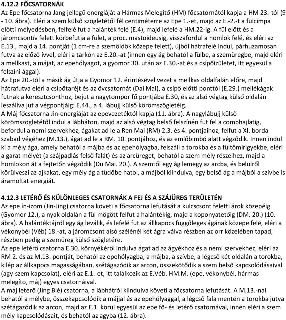 mastoideusig, visszafordul a homlok felé, és eléri az E.13., majd a 14. pontját (1 cm-re a szemöldök közepe felett), újból hátrafelé indul, párhuzamosan futva az előző ívvel, eléri a tarkón az E.20.