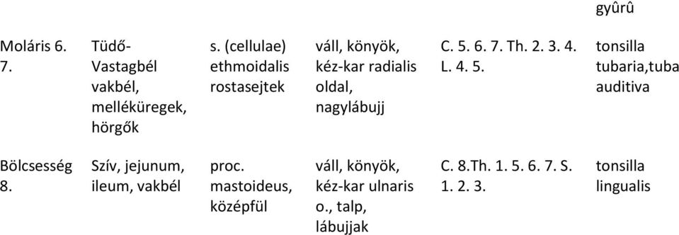 7. Th. 2. 3. 4. L. 4. 5. tubaria,tuba auditiva Bölcsesség 8.