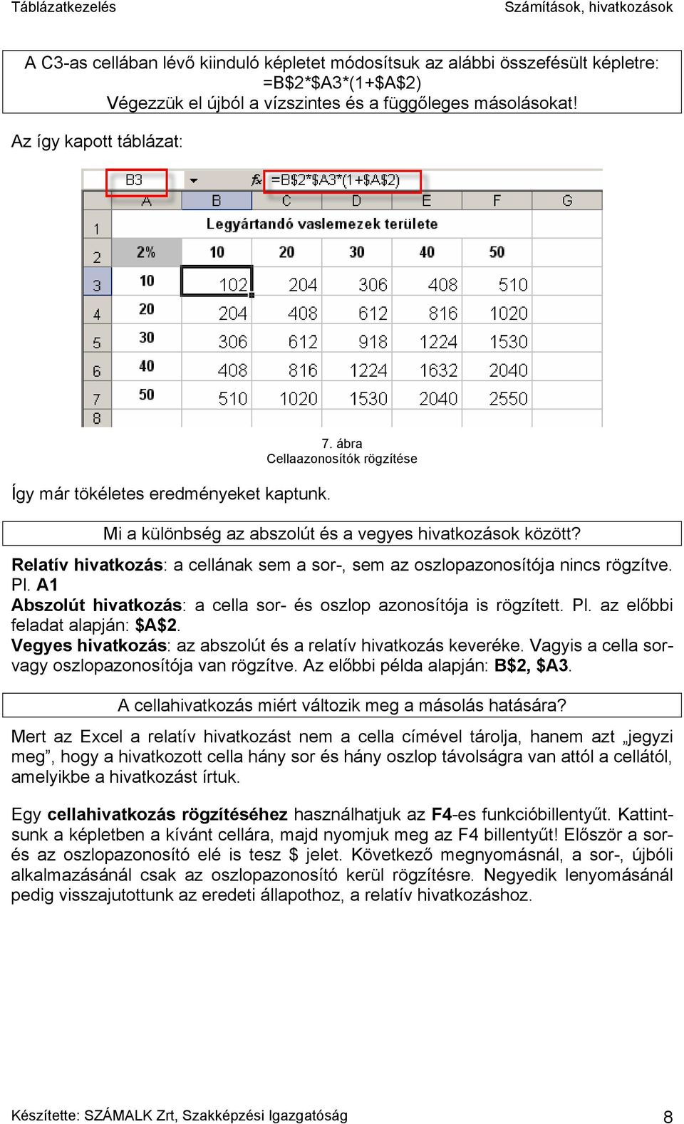 Relatív hivatkozás: a cellának sem a sor-, sem az oszlopazonosítója nincs rögzítve. Pl. A1 Abszolút hivatkozás: a cella sor- és oszlop azonosítója is rögzített. Pl. az előbbi feladat alapján: $A$2.