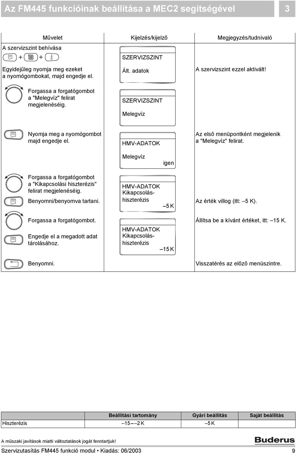 igen a "Kikapcsolási hiszterézis" felirat megjelenéséig. Benyomni/benyomva tartani. Kikapcsoláshiszterézis 5 K Az érték villog (itt: 5 K).. Állítsa be a kívánt értéket, itt: 15 K.