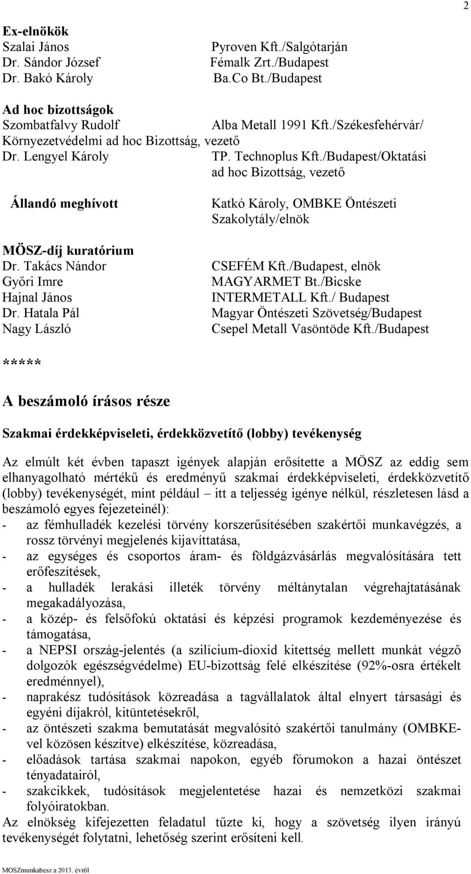 Takács Nándor Győri Imre Hajnal János Dr. Hatala Pál Nagy László Katkó Károly, OMBKE Öntészeti Szakolytály/elnök CSEFÉM Kft./Budapest, elnök MAGYARMET Bt./Bicske INTERMETALL Kft.