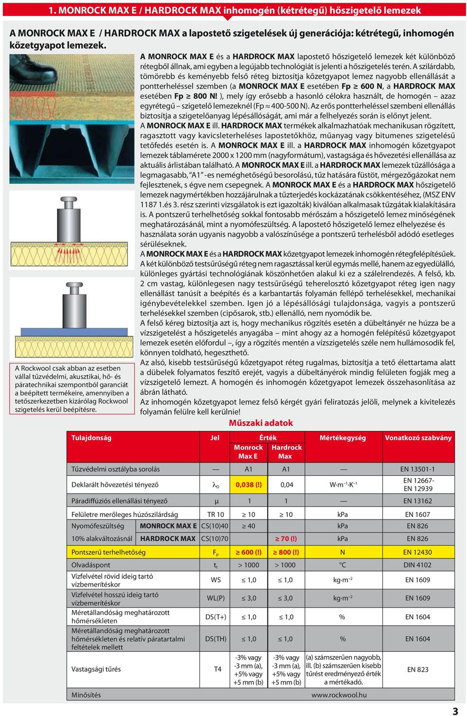 A szilárdabb, tömörebb és keményebb felső réteg biztosítja kőzetgyapot lemez nagyobb ellenállását a pontterheléssel szemben (a MONROCK MAX E esetében Fp 600 N, a HARDROCK MAX esetében Fp 800 N!