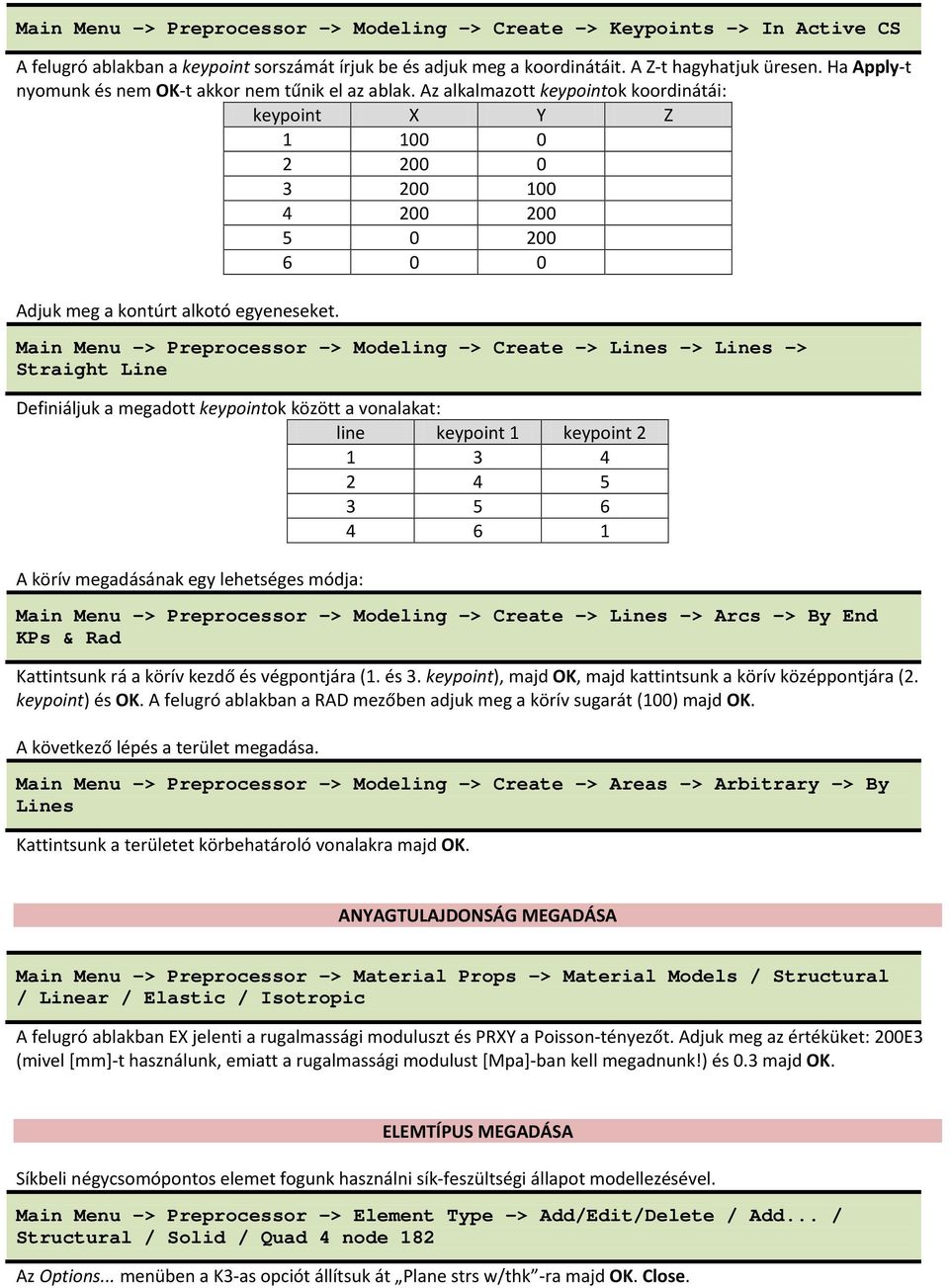 Az alkalmazott keypointok koordinátái: keypoint X Y Z 1 100 0 2 200 0 3 200 100 4 200 200 5 0 200 6 0 0 Adjuk meg a kontúrt alkotó egyeneseket.