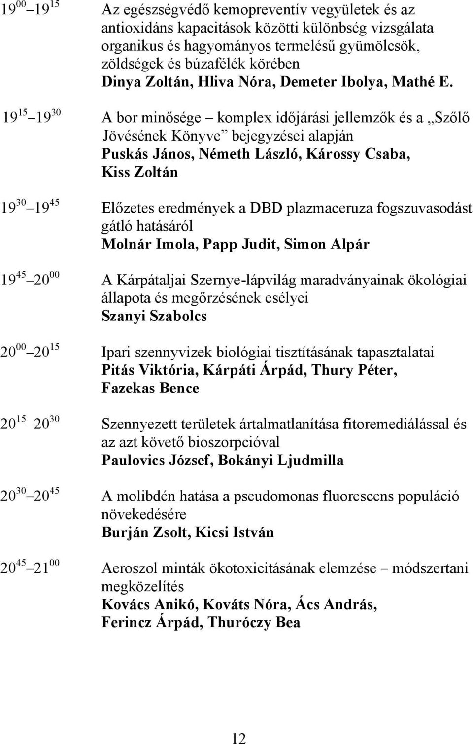 19 15 19 30 A bor minősége komplex időjárási jellemzők és a Szőlő Jövésének Könyve bejegyzései alapján Puskás János, Németh László, Károssy Csaba, Kiss Zoltán 19 30 19 45 Előzetes eredmények a DBD