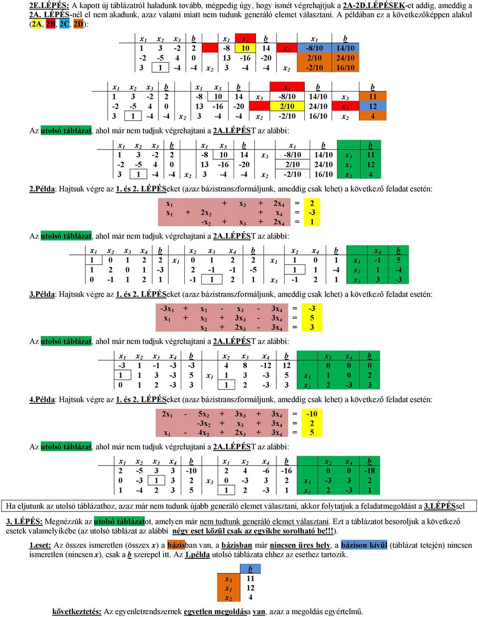 A példáan ez a következőképpen alakul (2A, 2B, 2C, 2D): x 1 1 3-2 2-8 10 14 x 3-8/10 14/10-2 -5 4 0 13-16 -20 2/10 24/10 3 1-4 -4 x 2 3-4 -4 x 2-2/10 16/10 x 1 1 3-2 2-8 10 14 x 3-8/10 14/10 x 3 11-2